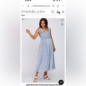 Light Blue Floral Smocked Square Neck Sleeveless Maternity Midi Dress